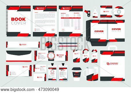 Corporate Office Stationery Template Set Vector With Red And Dark Colors. Company Id Card, Phone Cas