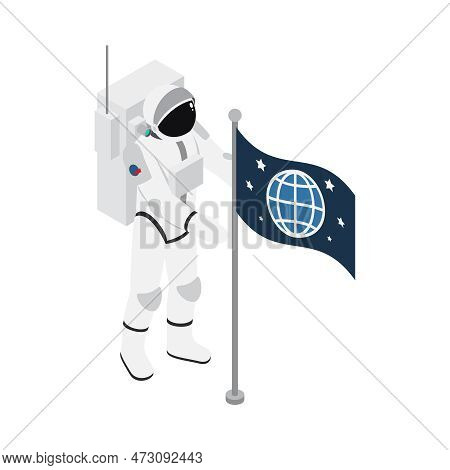 Astronaut In Spacesuit With Flag 3d Isometric Vector Illustration