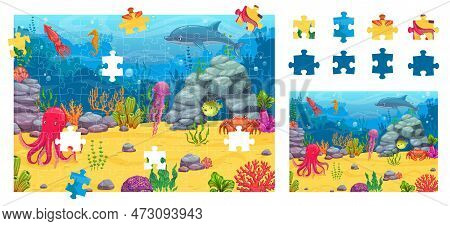 Jigsaw Puzzle Game Pieces, Underwater Landscape. Vector Octopus, Jellyfish, Crab, Dolphin And Squid,