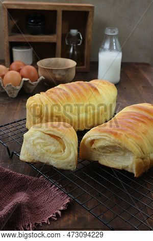 Bakery Products. Croissants Stuffed With Cheese On A Wooden Background