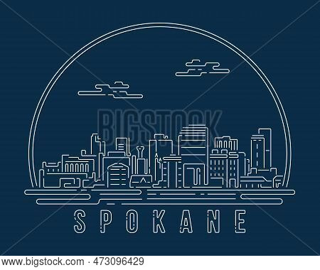 Spokane - Cityscape With White Abstract Line Corner Curve Modern Style On Dark Blue Background, Buil