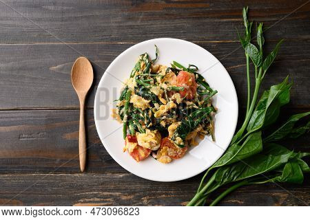 Northern Thai Food, Stir Fried Gurmar Leaf (gymnema Inodorum) With Egg, Local Food, Table Top View
