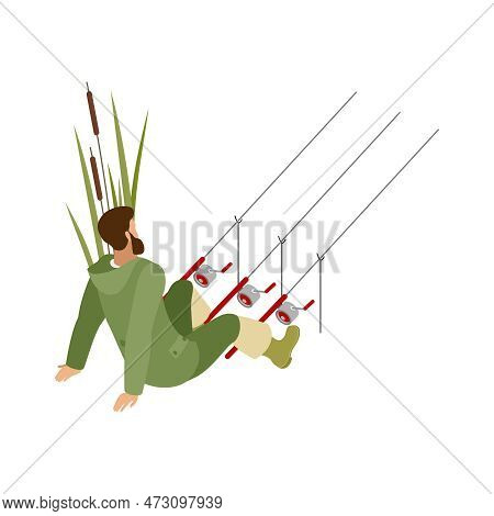 Isometric Fisherman Fishing With Three Spinnings Back View 3d Vector Illustration