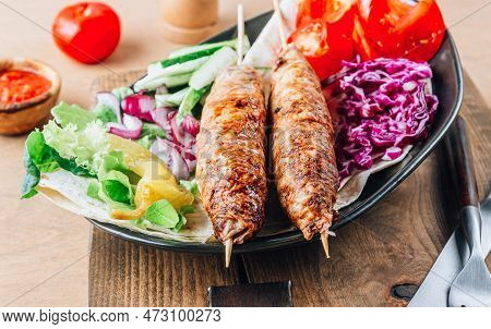 Kebab Plate With Vegetable And Pita. Traditional Middle Eastern, Arabic Or Mediterranean Cuisine. He