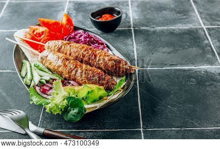 Kebab Plate With Vegetable And Pita. Traditional Middle Eastern, Arabic Or Mediterranean Cuisine. He