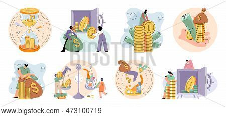 Golden Coins Pile, Magnet And Money. Financial Literacy Metaphor For Passive Income Vector Set. Rent