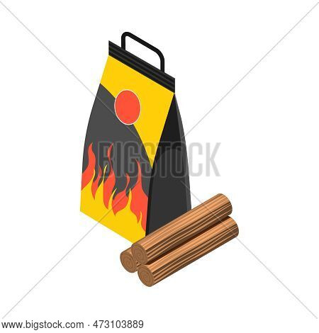 Paper Bag Of Charchoal And Firewood For Grill Barbecue 3d Isometric Icon Vector Illustration
