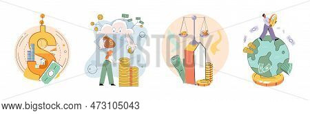 Planning Successful Money Investment, Savings And Deposit Big Set. Calculating Budget, Analyzing Fin