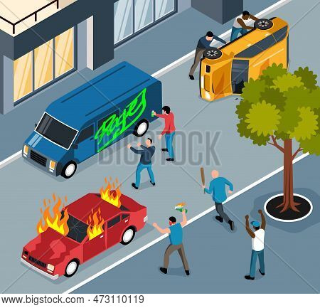 Street Vandals Isometric Background With Hooligans Painting Turning Over And Setting Fire To Cars Ve