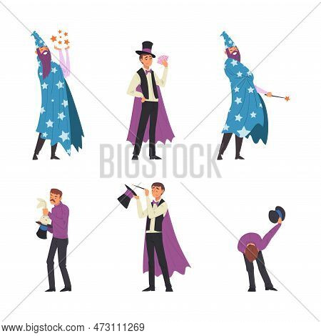 Man Magician With Top Hat Performing Different Magic Tricks On Stage Vector Set