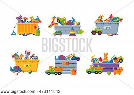 Kids Toy Box With Different Bright Plaything Vector Set