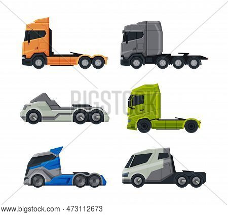 Semi Tractor Trailer Truck As Heavy-duty Towing Engine Side View Vector Set