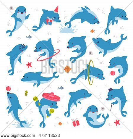 Cute Friendly Blue Dolphins Set. Funny Happy Underwater Animals Playing And Swimming Cartoon Vector 