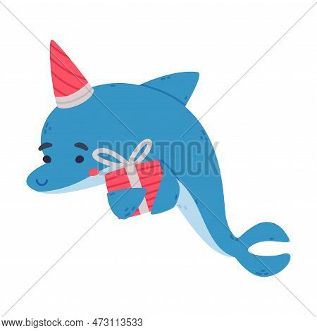 Cute Dolphin In Party Hat Holding Gift Box. Funny Dolphinfish Character Celebrating Holidays Cartoon