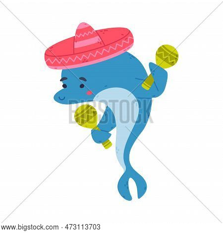 Cute Dolphin Dressed Sombrero Hat Playing Maracas. Funny Dolphinfish Performing In Dolphinarium Cart