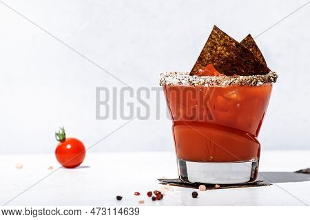 Miso Mary Alcoholic Cocktail Drink With Tomato Juice, Spices, Vodka And Nori, Japanese Version Of Bl