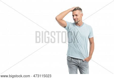 Smiling Mature Man With Grizzled Hair Touch Hair Isolated On White With Copy Space, Male Fashion.