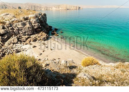 Aerial View Tourist Woman In Bikini Walk On White Sand Beach Alone In Persian Gulf Mirellas Island. 