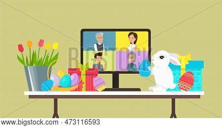 Easter Family Holiday, Table With Computer, White Bunny, Egg And Gift. Video Conference With People 