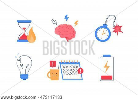 Set Of Stress Icons. Deadline, Stress At Work, A Low Energy Level For Tasks, And Creativity. Vector 