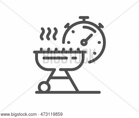 Grill Time Line Icon. Barbecue Cooker For Cooking Food Sign. Hot Meat Brazier Symbol. Quality Design
