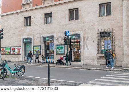 Rome, Italy - December 8, 2022: Pam Local Supermarket.