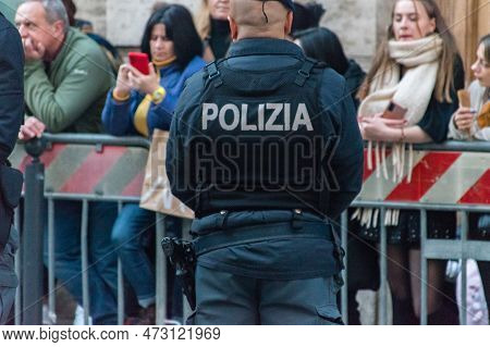 Rome, Italy - December 8, 2022: Polizia Inscription On Italian Police Officer (polizia Means Police 