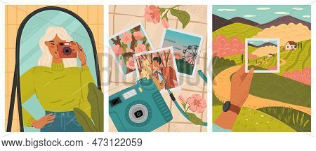 Young Girl Taking Selfie In Front Of Mirror. Instant Photo Camera Vector Posters Set. Photos From Ro