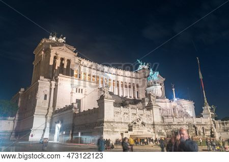 Rome, Italy - December 8, 2022: Il Milite Ignoto (tomba Del Milite Ignoto) At Night.