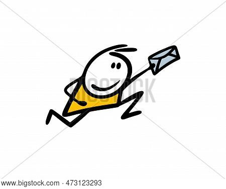Funny Cartoon Boy Runs Fast To Deliver A Letter In The Envelope Snail Mail Or Email.