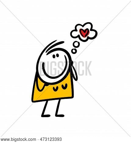 Cartoon Romantic Woman Dreaming Of Love With Heart In Comics Bubble.