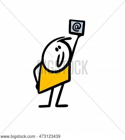 Cartoon Doodle Stickman Holds Email Sign In Rising Up Hand.