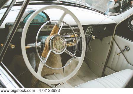 Warsaw, Poland - 1 May 2008: Close-up On Steering Wheel Of Wolga Old Russian Car