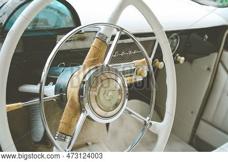 Warsaw, Poland - 1 May 2008: Close-up On Steering Wheel Of Wolga Old Russian Car