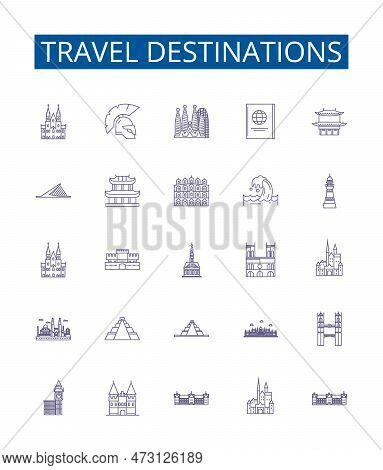 Travel Destinations Line Icons Signs Set. Design Collection Of India, Mexico, France, Japan, Italy, 