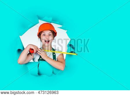 Construction Worker With Tape Measure. Cute Kid As A Construction Worker. Kid Repairing Home. Happy 