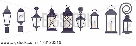 Facade Lighting Tool Collection Icons Set Vector. Building Facade Llghting Electrical Outdoor Equipm