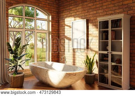 Freestanding Bath In Lightflooded Cozy Country House Bathroom; Minimalistic Interior Design With She