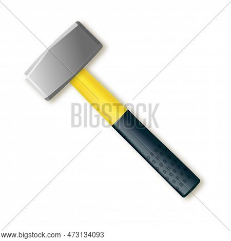 Realistic Sledgehammer Hammer With Fiberglass Handle. Vector Industrial Workers Tool. Equipment For 