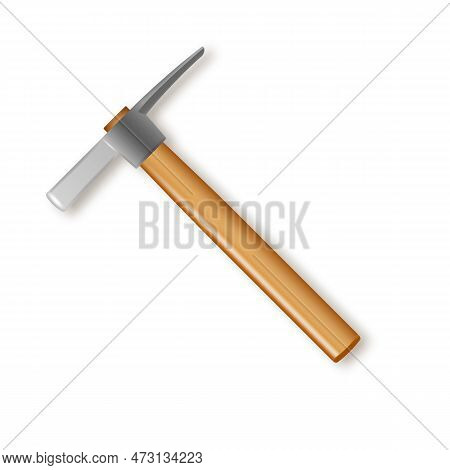Realistic Masons Pickaxe Hammer With Wooden Handle. Vector Industrial Workers Tool. Equipment For Re