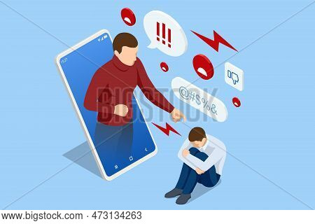 Isometric Cyberbullying Or Bad Influence On The Internet. Cyberbullying Victim. Young Man Crying In 
