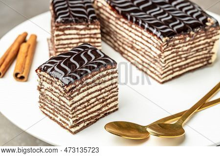 Hungarian Cake, Chocolate Honey Layer Cake, Sweet Pastry And Desserts Concept,