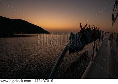 Before Sunrise In Agia Kyriaki Beach, Kyparissi Laconia, Peloponnese, Zorakas Bay, Greece In Summer 