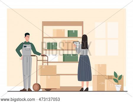Warehouse Workers Concept. Man And Woman Check Boxes With Goods, Parcels. Transportation And Logisti