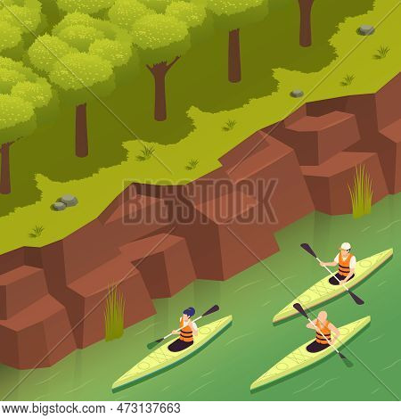 Rafting Canoeing Whitewater Recreation Adventures Park Isometric Composition With 3 Kayakers Paddlin