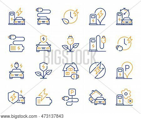 Electric Car Charging Line Icons. Charge Station, Ev Parking And Battery Charger Set. Home Car Charg