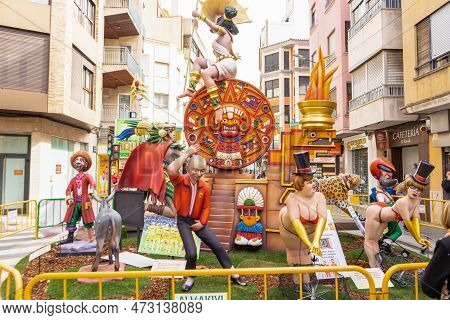 Burriana, Spain 18-03-2023: View Of The Sculpted Monument For Its Exhibition And Its Burning In The 