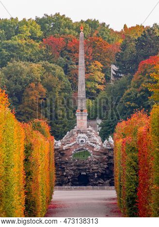 Obelisk And Grotto In Schonbrunn Park In Autumn, Vienna, Austria - October 2021