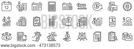 Set Of Calculator, Check Investment And Report Icons. Accounting Line Icons. Calendar, Banking Accou