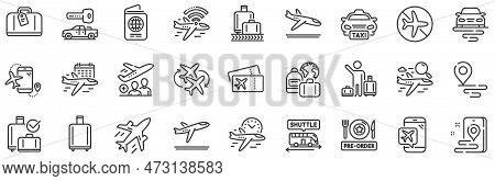Boarding Pass, Baggage Claim, Arrival And Departure. Airport Line Icons. Connecting Flight, Tickets,